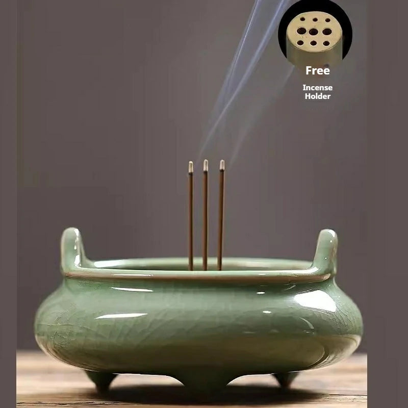 Ceremonial Double-Handled Tripod Censer | Crackle Glaze & Plain Ceramic Altar Incense Burner for Buddha/Meditation | Zenith Censer