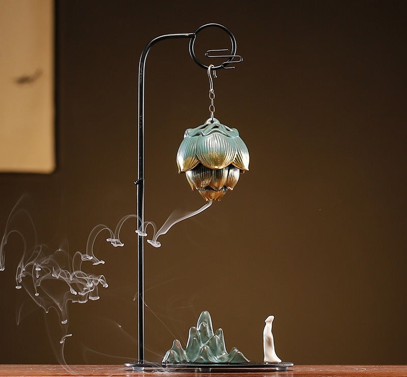 Chinese Reverse-Flow Incense Burner Set | Waterfall Smoke Ceremony with Auspicious Designs | Includes Cones | Zenith Censer