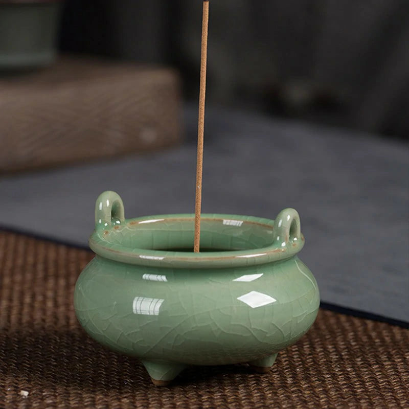 Handmade Longquan Celadon Incense Burner | Ge Ware Crackle Glaze Ceramic | Tea Incense & Altar Tool