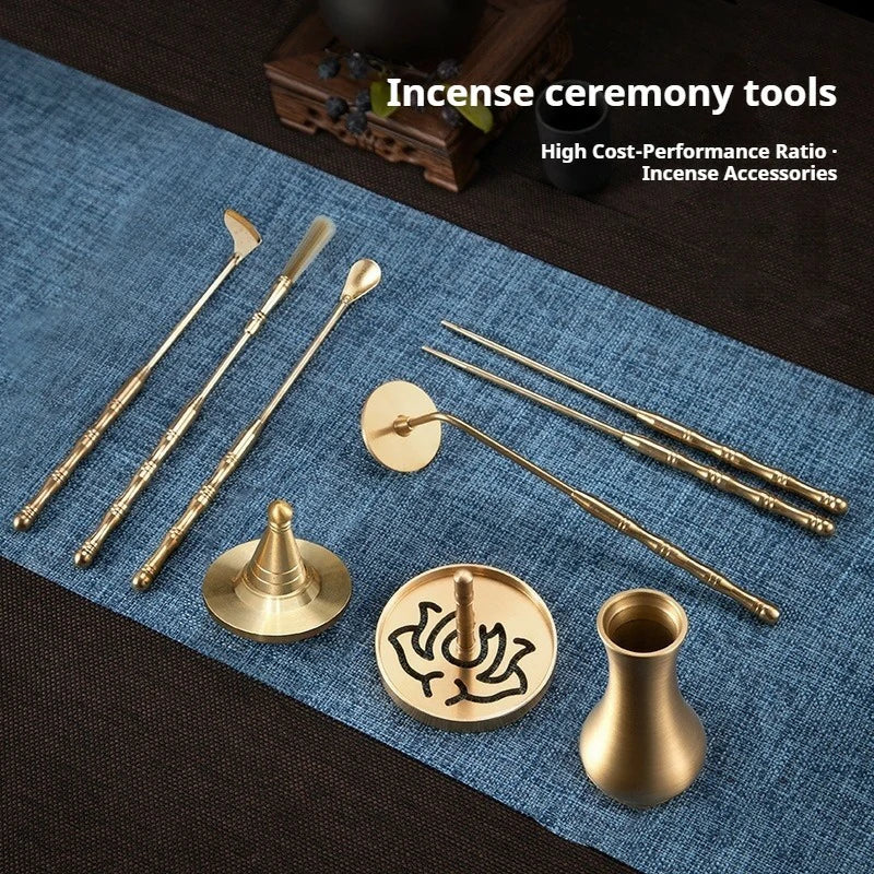 Complete Brass Incense Ritual Set | 11-Piece Artisan Tools (Incense Scoop, Ash Press, Censer) for Meditation & Zen | Zenith Censer