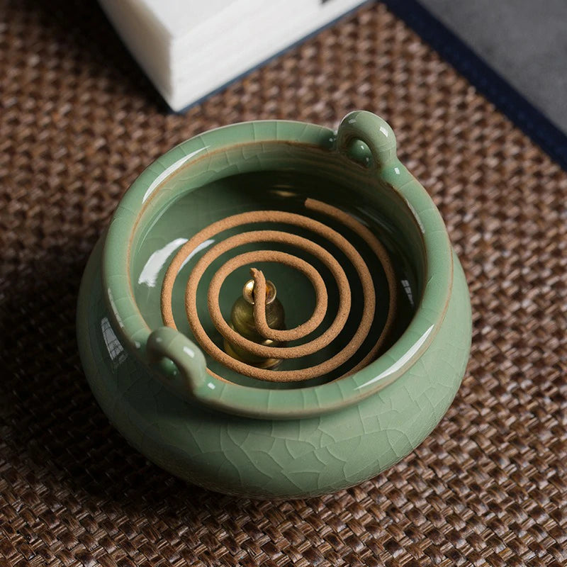 Handmade Longquan Celadon Incense Burner | Ge Ware Crackle Glaze Ceramic | Tea Incense & Altar Tool