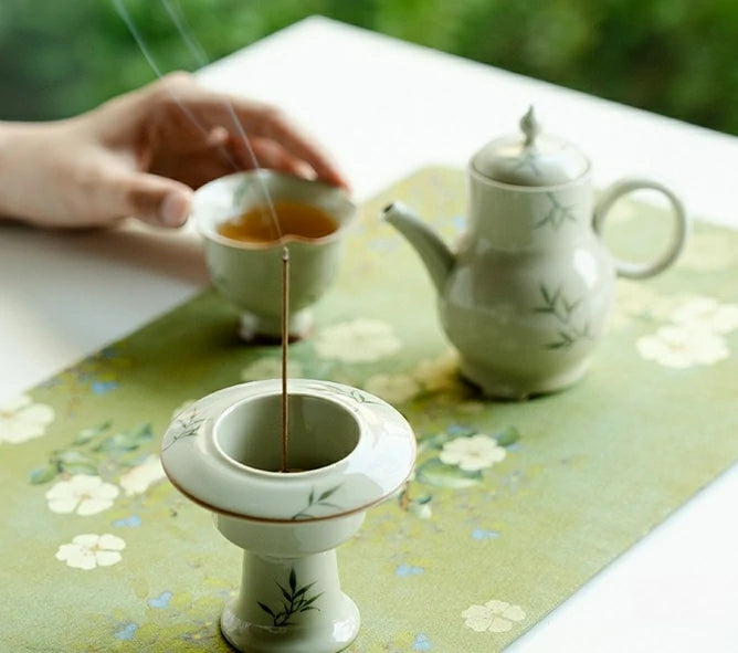 Hand-Painted Ash Glaze Travel Censer Set | Portable Incense Altar with 9-Hole Holder | Classical Chinese Design | Zenith Censer