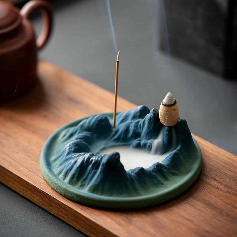 “A Thousand Li of Rivers and Mountains” Ceramic Incense Burner | Backflow & Stick Incense Holder | New Chinese Style Zen Decor for Home & Tea Table