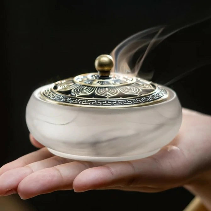 Hand-Blown Glass Incense Burner with Ink Wash Pattern | Coil & Powder Incense Holder for Meditation, Tea Ceremony | Zenith Censer