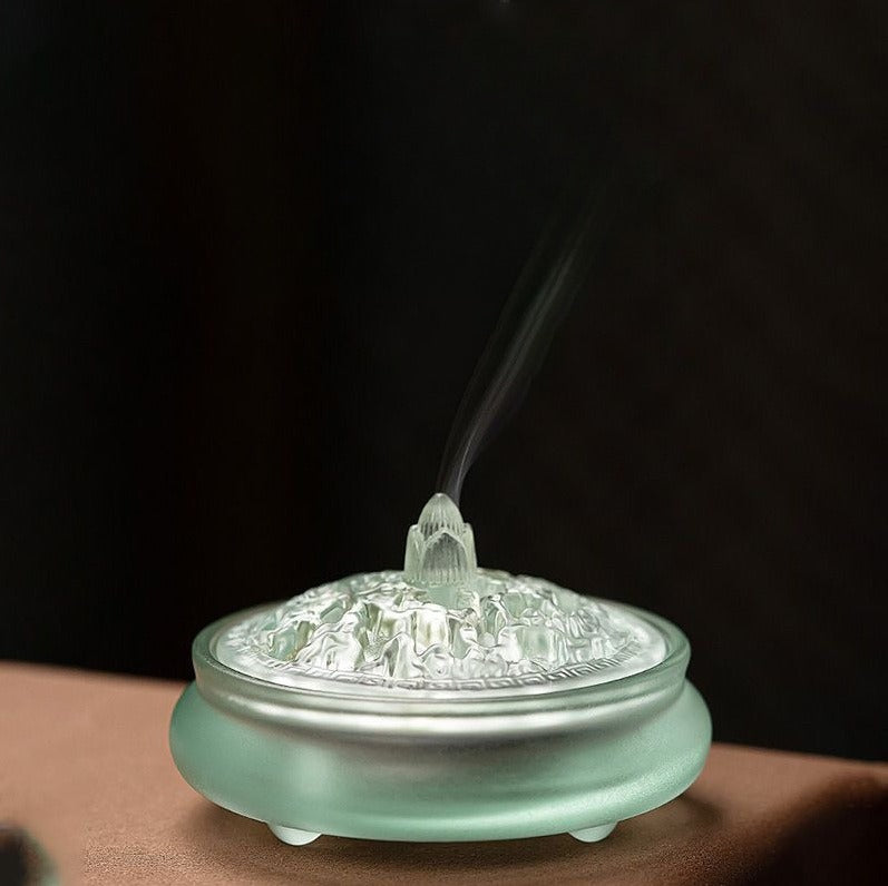Hand-Blown Glass Xuande-Style Incense Burner | Transparent Censer for Coil/Cone Incense & Rituals | With Premium Sandalwood Options | Zenith Censer