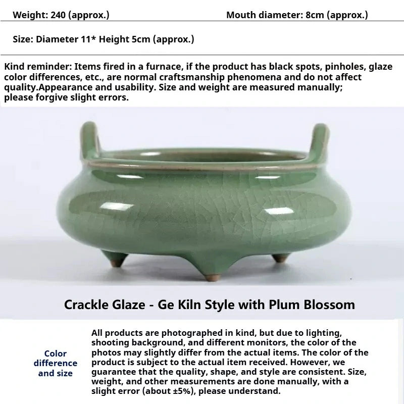 Ceremonial Double-Handled Tripod Censer | Crackle Glaze & Plain Ceramic Altar Incense Burner for Buddha/Meditation | Zenith Censer