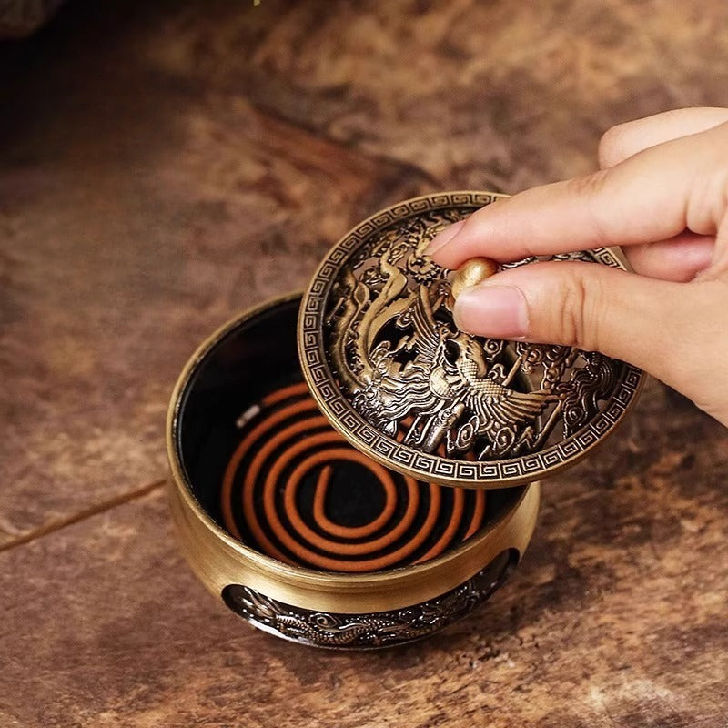 Dragon & Phoenix Brass Alloy Mini Incense Burner | Portable Tri-Leg Censer for Travel, Altar & Meditation | Zenith Censer