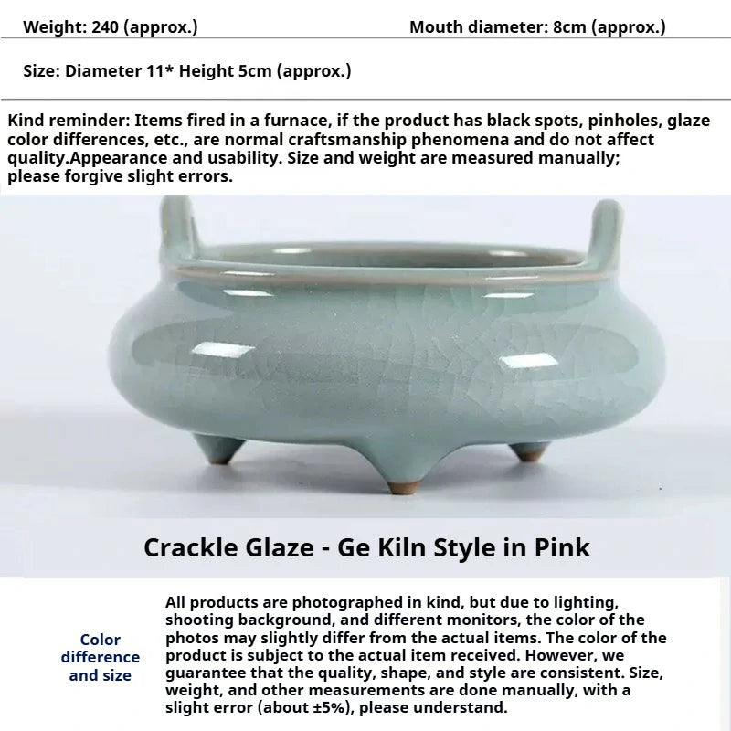 Ceremonial Double-Handled Tripod Censer | Crackle Glaze & Plain Ceramic Altar Incense Burner for Buddha/Meditation | Zenith Censer