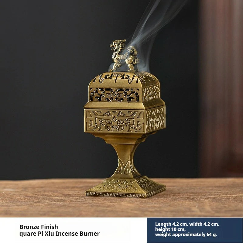 Pi Xiu (Auspicious Beast) Square Incense Burner with Cloud Pattern | Modern Zen Alloy Censer for Home Altar & Meditation | Zenith Censer