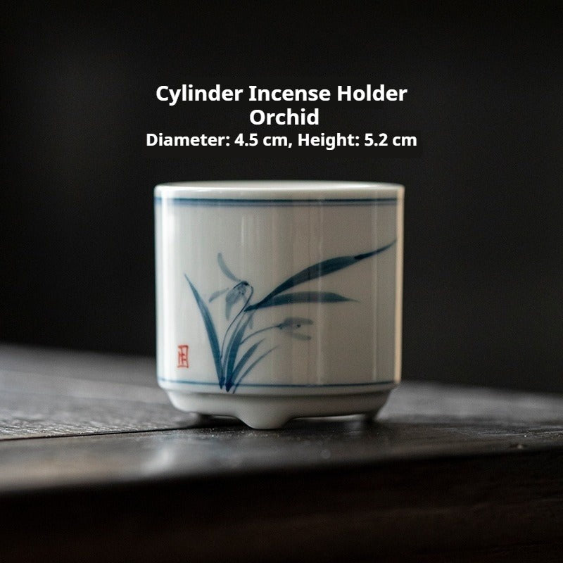 Hand-Painted Blue & White ‘Four Gentlemen’ Incense Holder Set | Antique Ceramic Base for Tea & Meditation | Customizable | Zenith Censer