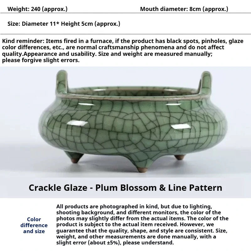 Ceremonial Double-Handled Tripod Censer | Crackle Glaze & Plain Ceramic Altar Incense Burner for Buddha/Meditation | Zenith Censer