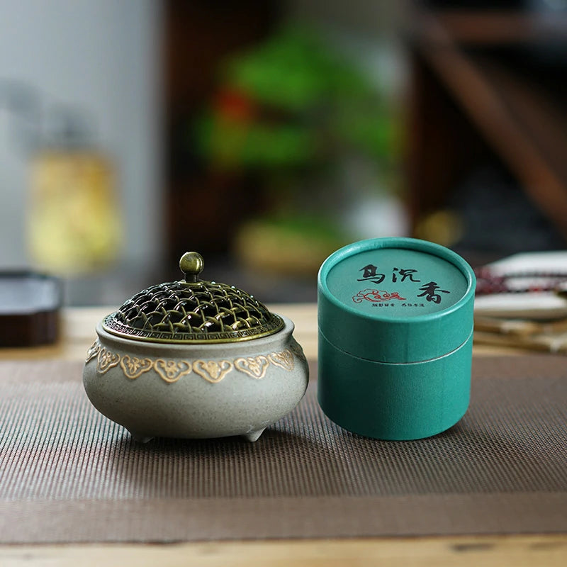 Artisan Gold-Traced Lotus Incense Burner Set with Premium Incense | Ceramic Altar Tool for Meditation & Prayer