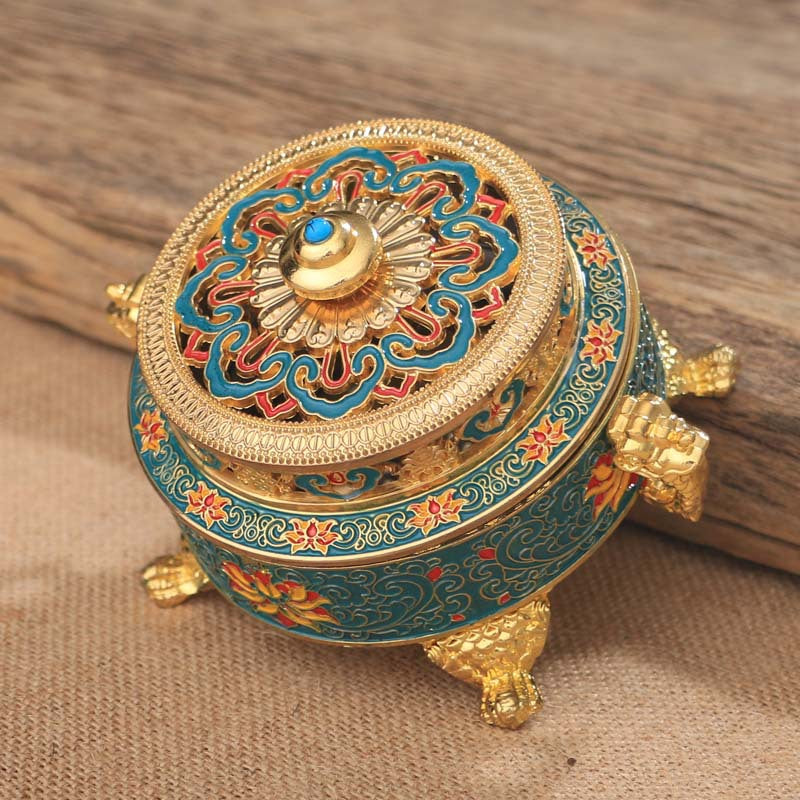 Enamel Tibetan-Style Incense Burner | Large Cloisonné Censer for Coil Incense, Altar Centerpiece | Blue/Black | Zenith Censer