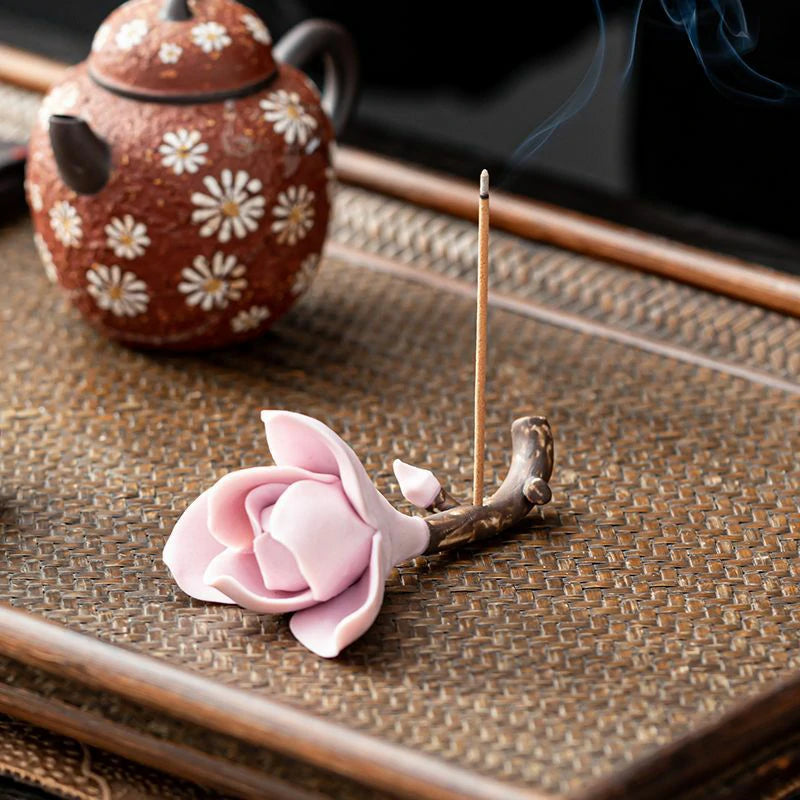 Hand-Sculpted Magnolia & Plum Blossom Ceramic Incense Holders | Classical Floral Desk Sculptures | Zenith Censer