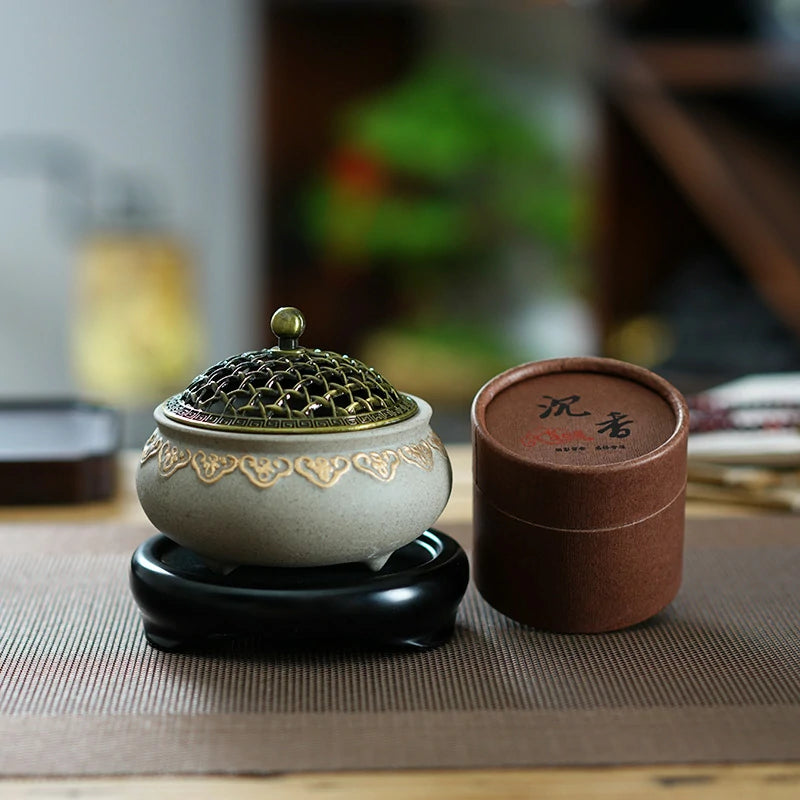 Artisan Gold-Traced Lotus Incense Burner Set with Premium Incense | Ceramic Altar Tool for Meditation & Prayer