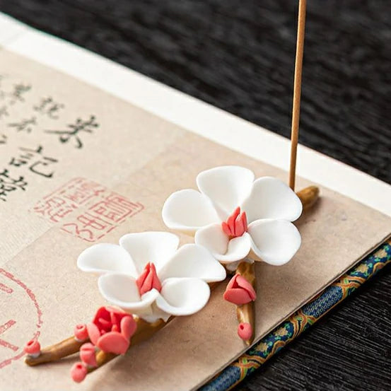 Hand-Sculpted Magnolia & Plum Blossom Ceramic Incense Holders | Classical Floral Desk Sculptures | Zenith Censer