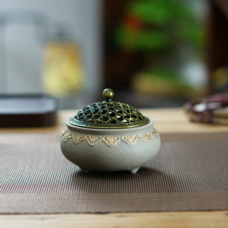 Artisan Gold-Traced Lotus Incense Burner Set with Premium Incense | Ceramic Altar Tool for Meditation & Prayer