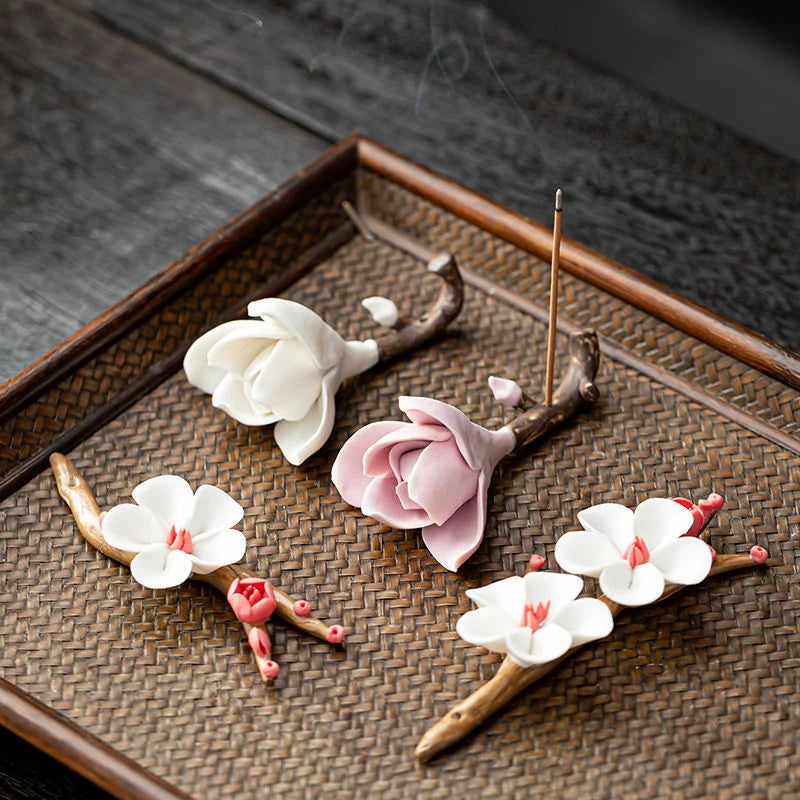Hand-Sculpted Magnolia & Plum Blossom Ceramic Incense Holders | Classical Floral Desk Sculptures | Zenith Censer