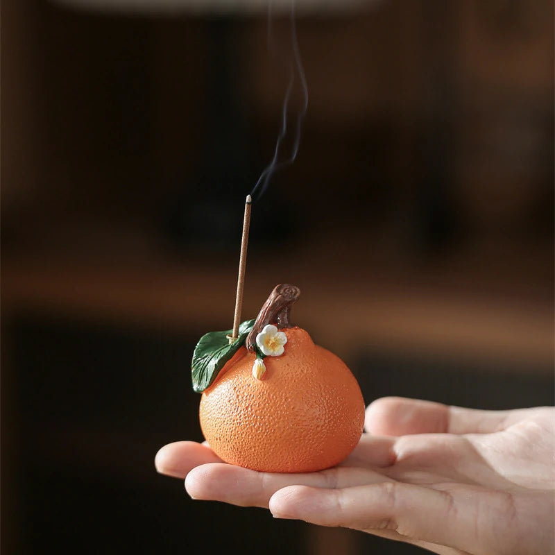 Auspicious Persimmon & Orange Resin Incense Holder Set | Hand-finished Stick Incense Base for Altar, Tea Table & Meditation | Zenith Censer