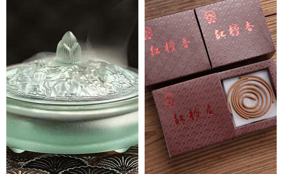 Hand-Blown Glass Xuande-Style Incense Burner | Transparent Censer for Coil/Cone Incense & Rituals | With Premium Sandalwood Options | Zenith Censer