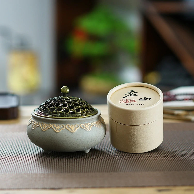 Artisan Gold-Traced Lotus Incense Burner Set with Premium Incense | Ceramic Altar Tool for Meditation & Prayer