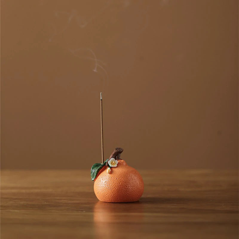 Auspicious Persimmon & Orange Resin Incense Holder Set | Hand-finished Stick Incense Base for Altar, Tea Table & Meditation | Zenith Censer