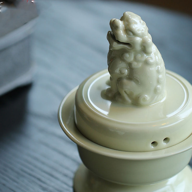 Ding Ware Awakening Lion Ceramic Incense Burner | Large Censer for Incense Ceremony & Meditation | Celadon & Frost Glaze | Zenith Censer
