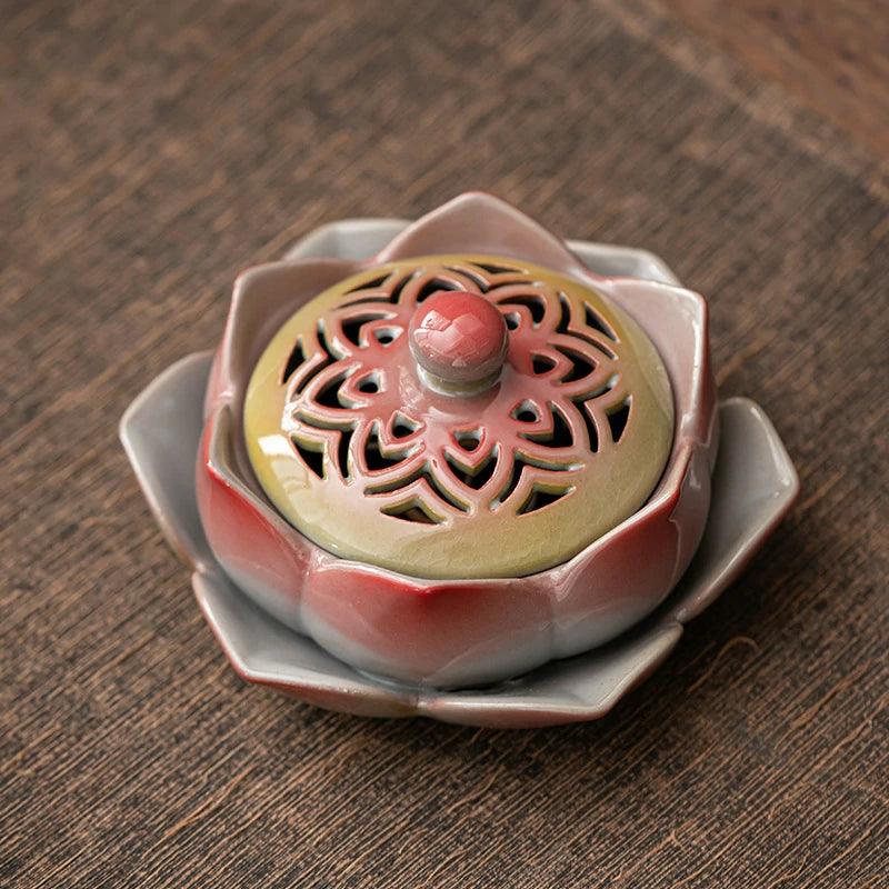 Zenith Censer Lotus Painted Pottery Incense Burner - Handmade Vintage Ceramic Incenser for Religious & Meditation Use