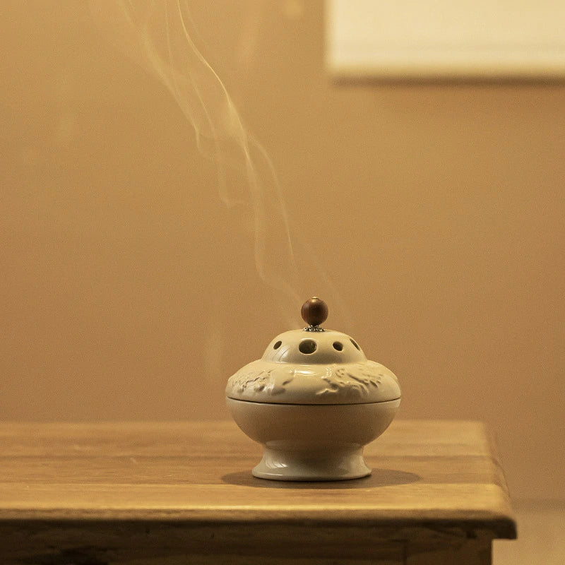 ‘Four Gentlemen’ Ash Glaze Ceramic Incense Burner | Coil Incense Altar for Meditation | Scholar’s Studio Decor | Zenith Censer