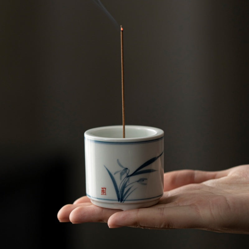 Hand-Painted Blue & White ‘Four Gentlemen’ Incense Holder Set | Antique Ceramic Base for Tea & Meditation | Customizable | Zenith Censer