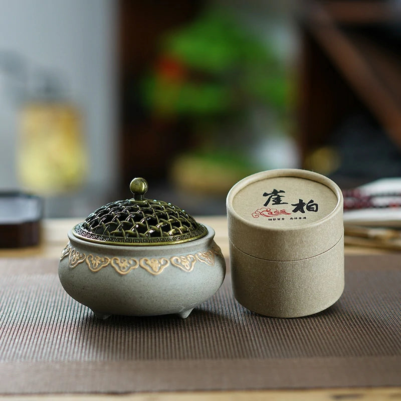 Artisan Gold-Traced Lotus Incense Burner Set with Premium Incense | Ceramic Altar Tool for Meditation & Prayer