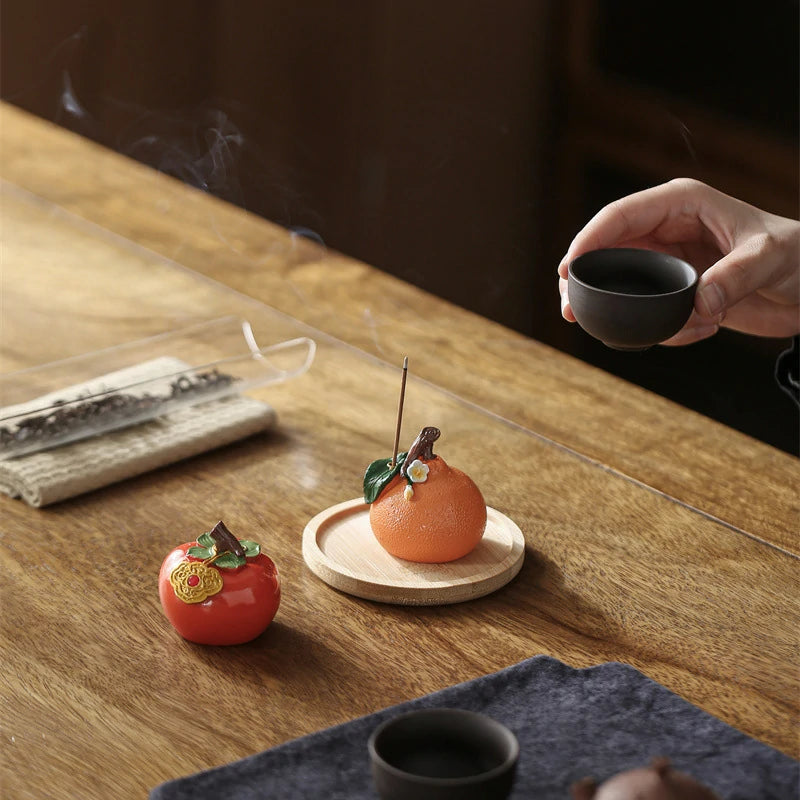 Auspicious Persimmon & Orange Resin Incense Holder Set | Hand-finished Stick Incense Base for Altar, Tea Table & Meditation | Zenith Censer