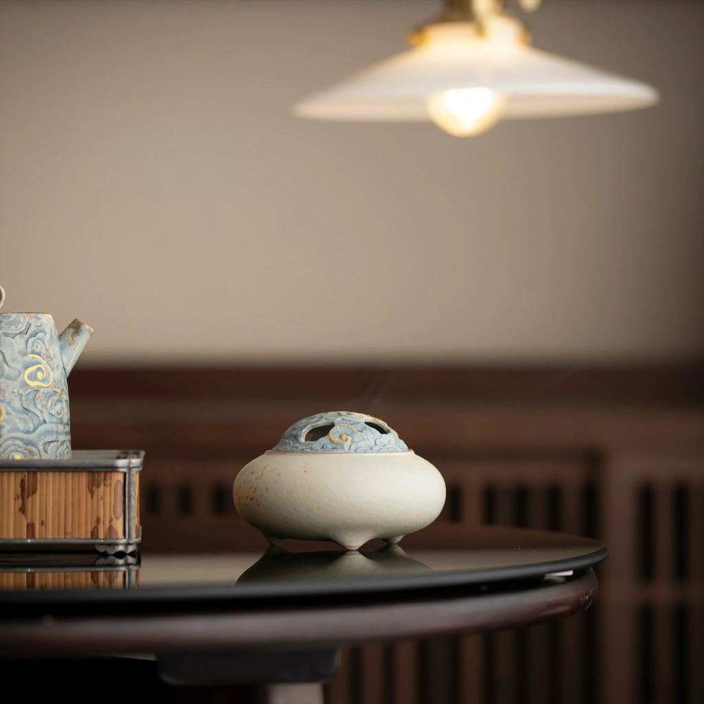 Rustic Stoneware Incense Burner with Iron Bloom & Carved Clouds | Indigo Glaze Vintage Censer | Small Altar Centerpiece | Zenith Censer