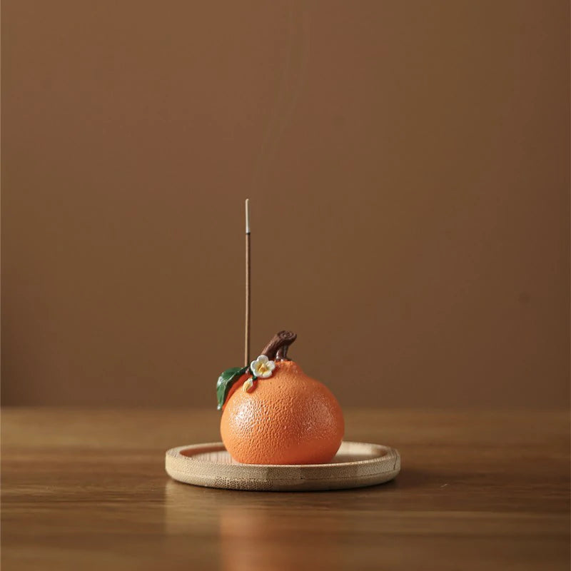 Auspicious Persimmon & Orange Resin Incense Holder Set | Hand-finished Stick Incense Base for Altar, Tea Table & Meditation | Zenith Censer