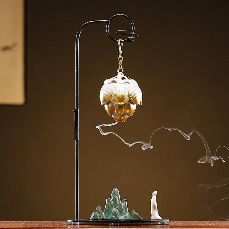 Chinese Reverse-Flow Incense Burner Set | Waterfall Smoke Ceremony with Auspicious Designs | Includes Cones | Zenith Censer