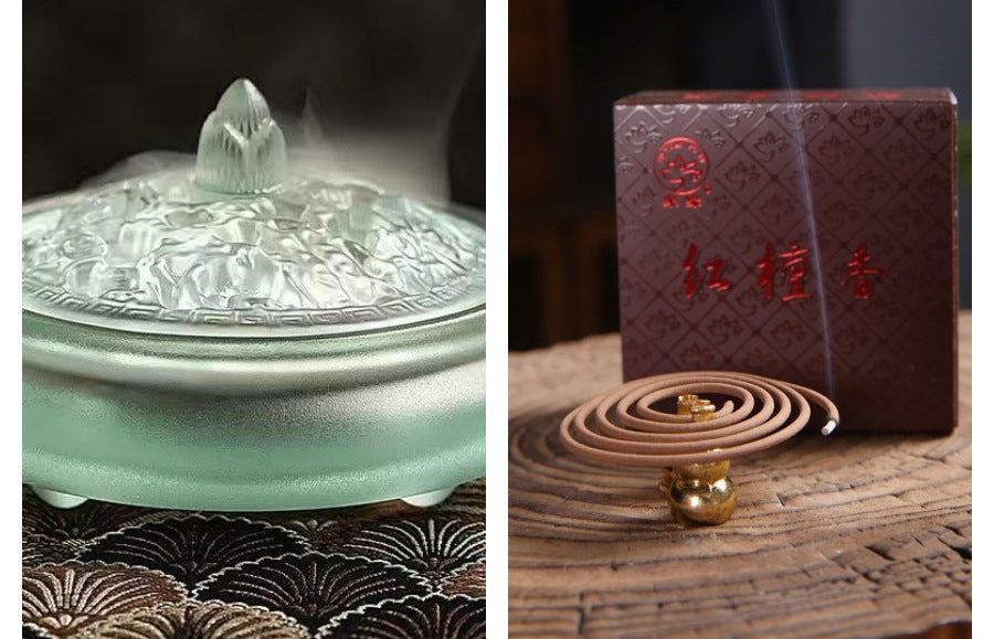 Hand-Blown Glass Xuande-Style Incense Burner | Transparent Censer for Coil/Cone Incense & Rituals | With Premium Sandalwood Options | Zenith Censer