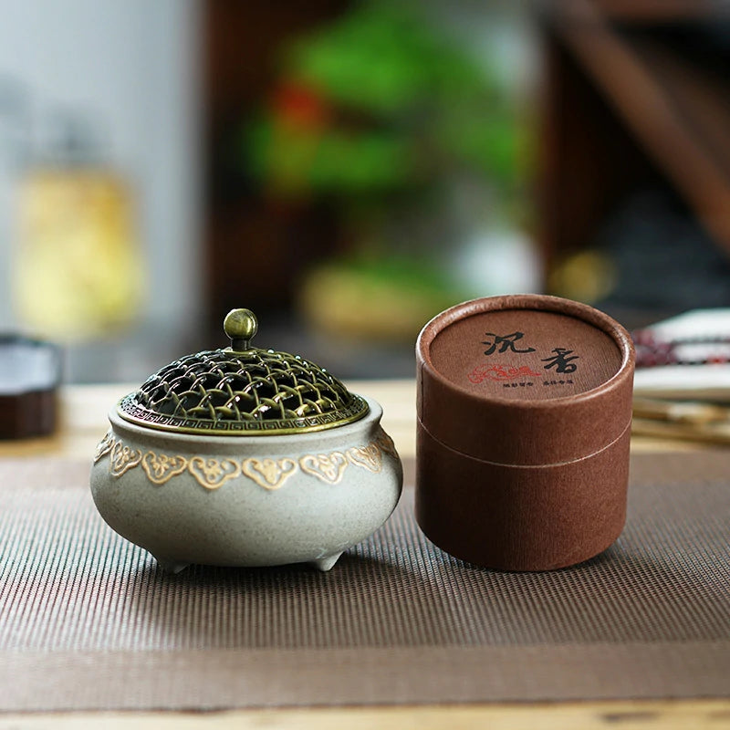 Artisan Gold-Traced Lotus Incense Burner Set with Premium Incense | Ceramic Altar Tool for Meditation & Prayer