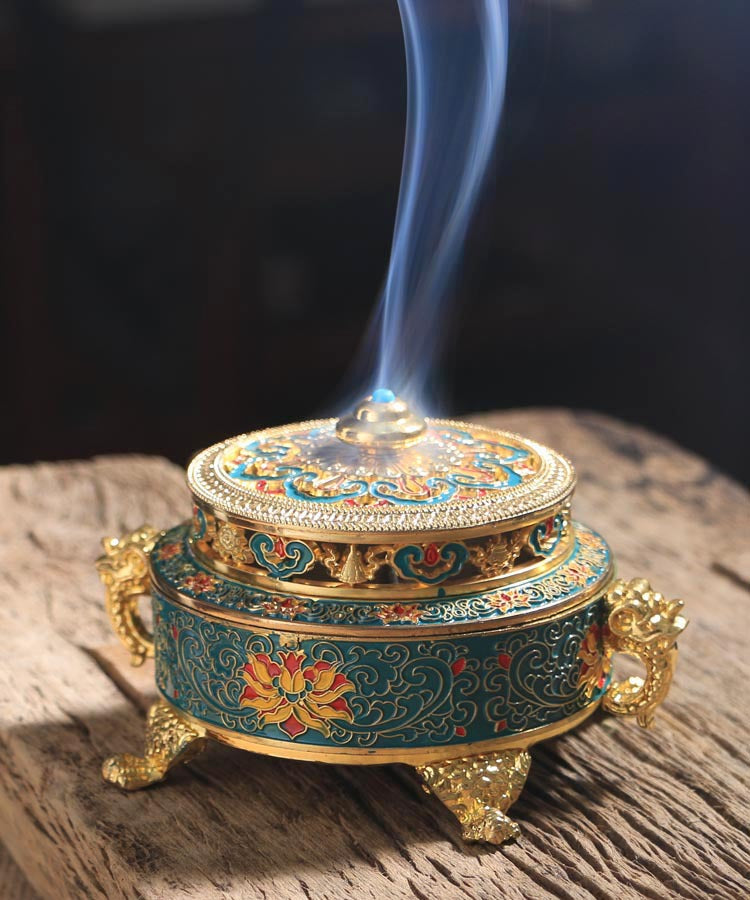 Enamel Tibetan-Style Incense Burner | Large Cloisonné Censer for Coil Incense, Altar Centerpiece | Blue/Black | Zenith Censer
