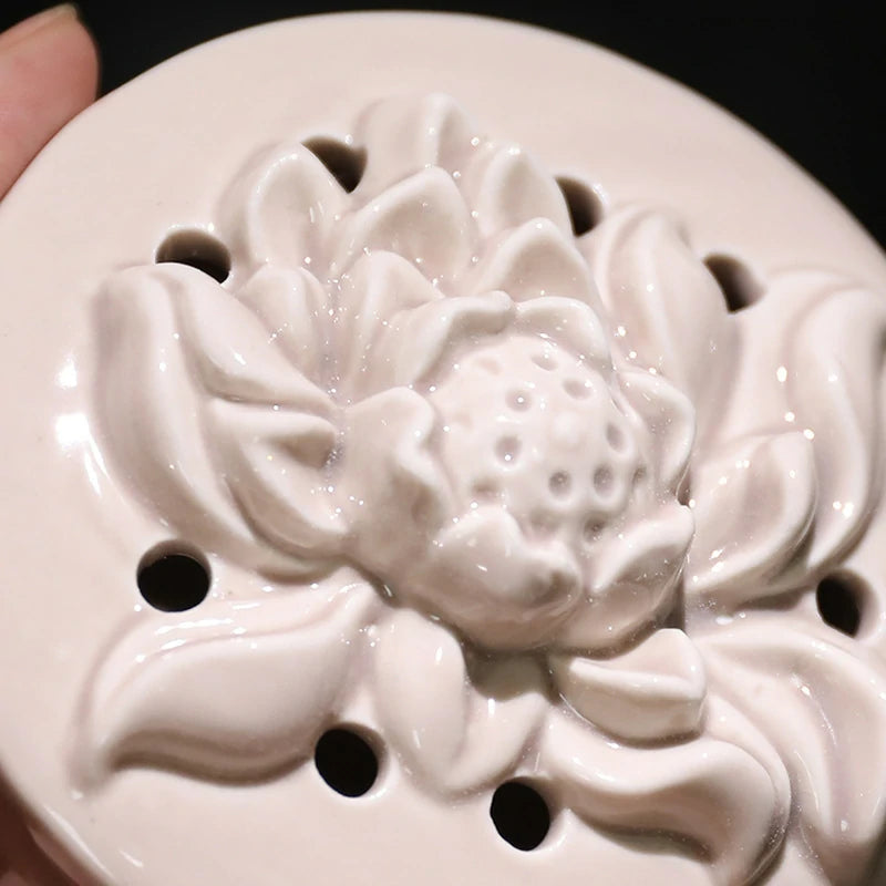 Ash Glaze Lotus Relief Ceramic Incense Burner | Handmade Coil Incense Censer with Safety Liner | Zenith Censer