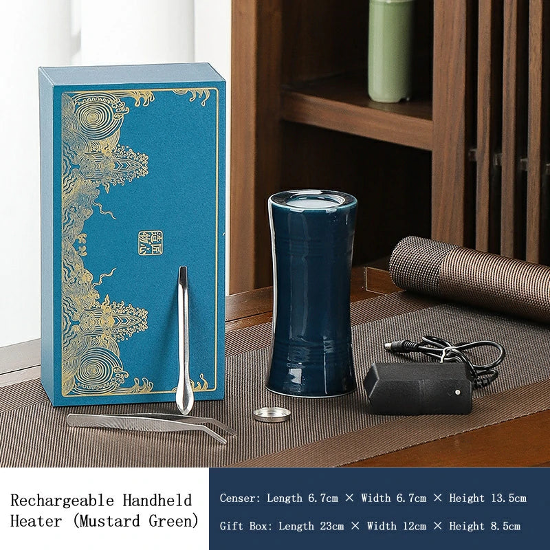 Electric Portable Incense Heater | Rechargeable Ceramic Warmer for Powder Incense | Celadon/White/Mustard Green | Zenith Censer