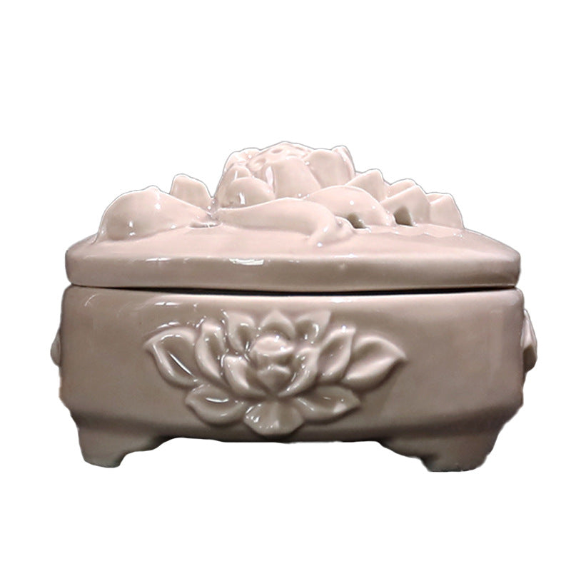 Ash Glaze Lotus Relief Ceramic Incense Burner | Handmade Coil Incense Censer with Safety Liner | Zenith Censer