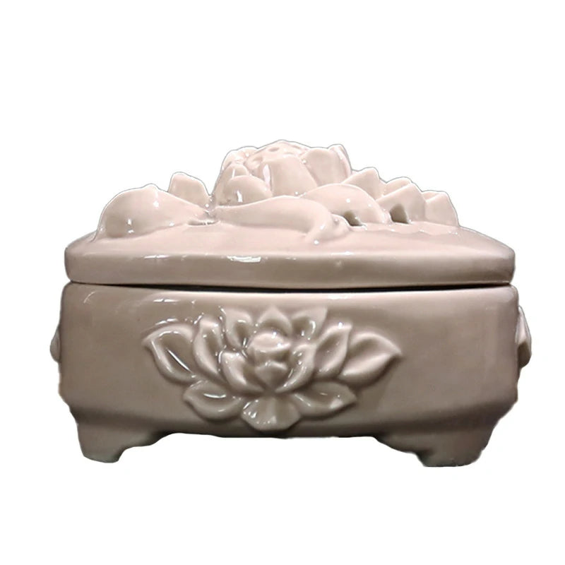 Ash Glaze Lotus Relief Ceramic Incense Burner | Handmade Coil Incense Censer with Safety Liner | Zenith Censer