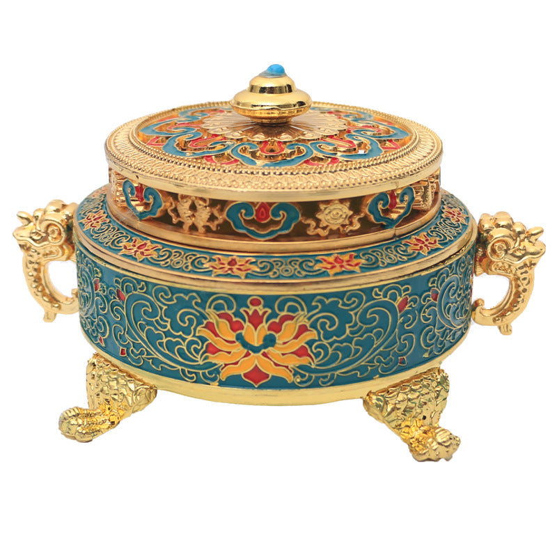 Enamel Tibetan-Style Incense Burner | Large Cloisonné Censer for Coil Incense, Altar Centerpiece | Blue/Black | Zenith Censer