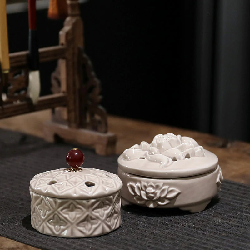 Ash Glaze Lotus Relief Ceramic Incense Burner | Handmade Coil Incense Censer with Safety Liner | Zenith Censer