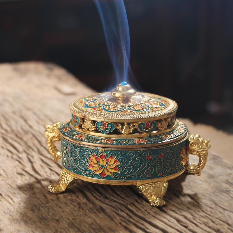 Enamel Tibetan-Style Incense Burner | Large Cloisonné Censer for Coil Incense, Altar Centerpiece | Blue/Black | Zenith Censer