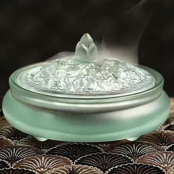 Hand-Blown Glass Xuande-Style Incense Burner | Transparent Censer for Coil/Cone Incense & Rituals | With Premium Sandalwood Options | Zenith Censer