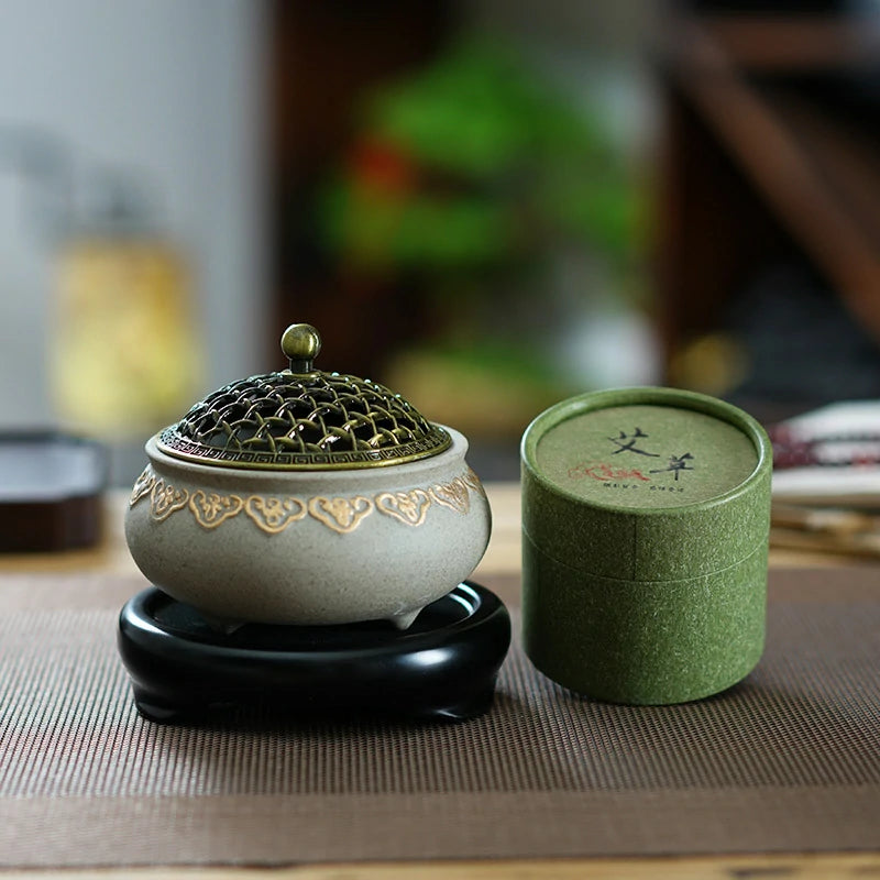 Artisan Gold-Traced Lotus Incense Burner Set with Premium Incense | Ceramic Altar Tool for Meditation & Prayer