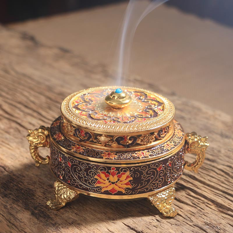 Enamel Tibetan-Style Incense Burner | Large Cloisonné Censer for Coil Incense, Altar Centerpiece | Blue/Black | Zenith Censer