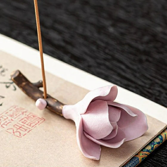 Hand-Sculpted Magnolia & Plum Blossom Ceramic Incense Holders | Classical Floral Desk Sculptures | Zenith Censer