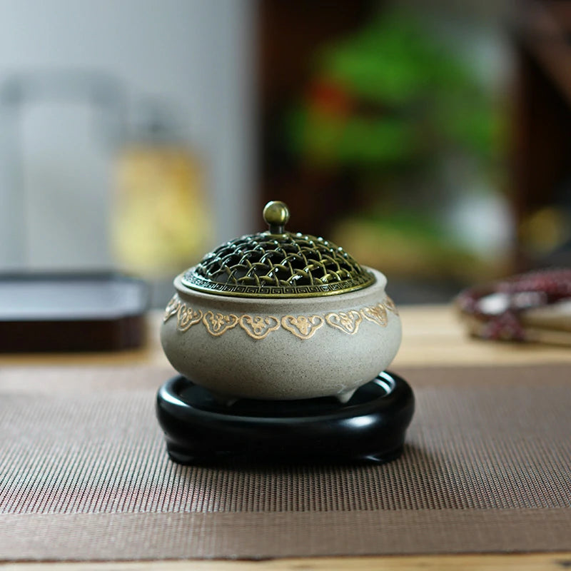 Artisan Gold-Traced Lotus Incense Burner Set with Premium Incense | Ceramic Altar Tool for Meditation & Prayer